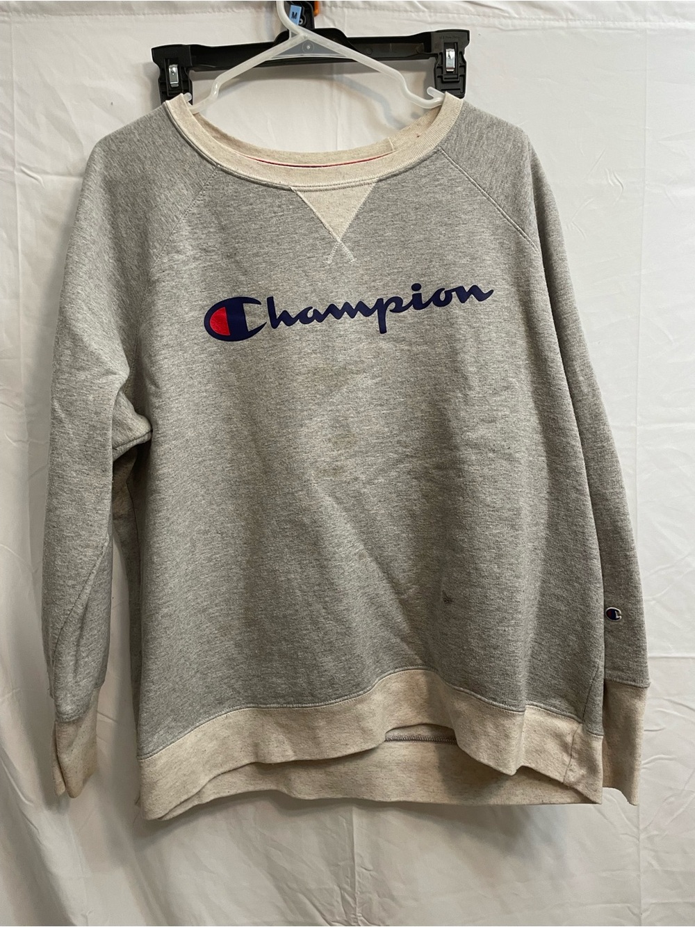Champion Heather Gray Crew Sweatshirt with Blue & Red Trim